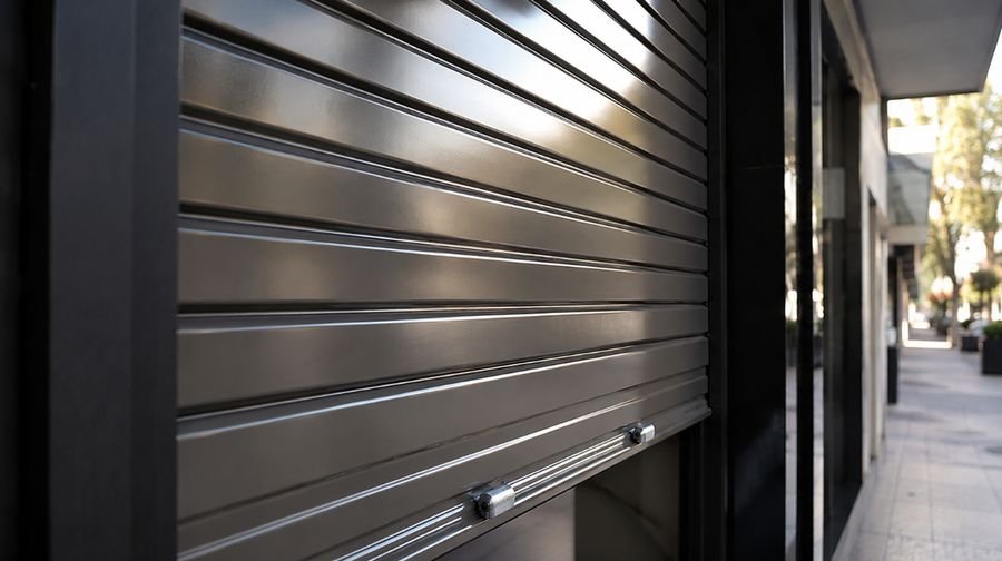 Persiana metálica de seguridad recién instalada en el escaparate de un local comercial